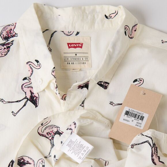 Levi’s Men’s Medium Ivory Flamingo Shirt Cotton Short Sleeve Button Down Summer - Picture 7 of 9